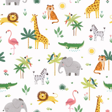 Cute kids seamless pattern with jungle animals and palms, hand drawn illustration, summer background