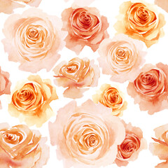 Seamless pattern of orange roses on white background. Hand drawn watercolor.