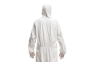 Rear shot of a man in a white decontamination suit
