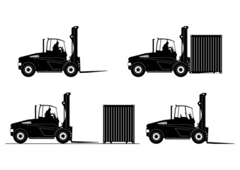 Silhouette of a heavy dutyforklift truck. Side view of harbor with driver and cargo. Vector.