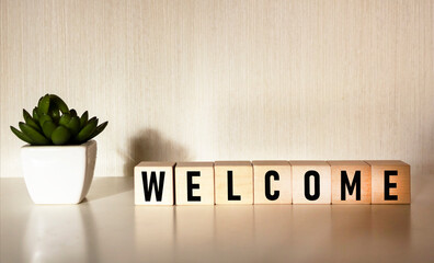 Symbol of welcome and support. Concept welcome on wooden cubes. Beautiful light background with cactus flower, copy space.