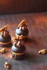 Chocolate Profiteroles (Cream Puffs) dipped in chocolate, garnished with whipped chocolate cream and walnuts, on a chocolate crunchy cookie base, on a dark brown background. 
