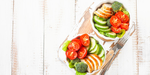 The baked chicken and vegetables salad. Healthy food. Diet. Selective focus. Copy space