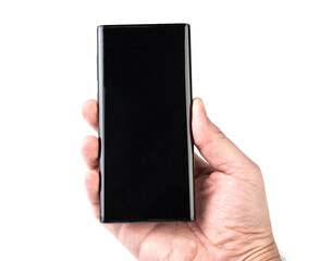 Hand holding smartphone with black empty screen isolated over white background