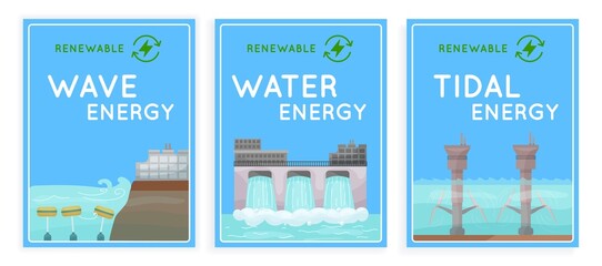 Renewable energy source posters collection. Vector illustration