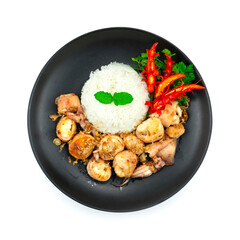 Stir Fried Squids with Garlic and peppers Served Rice