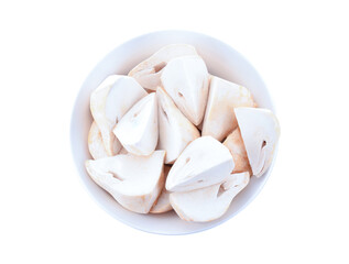 Sliced straw mushrooms in a bowl isolated on white background.