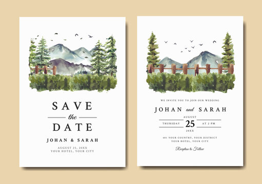 Wedding invitation set of mountain and pine trees watercolor