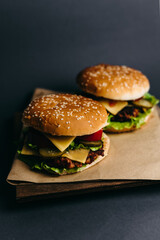 Delicious big juicy burger with tomatoes, cucumbers, cabbage, greens, cheese, cutlet on a gray background. Two sandwiches, fast food. Snack, appetizing, bun with sesame seeds. Serving in restaurant