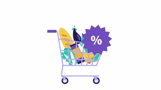 Grocery Shopping cart with bags and Percent sign animation. Sale and discount on purchases of goods and food. Online shopping, digital marketing. Animated stock video. sale promotion icon or banner