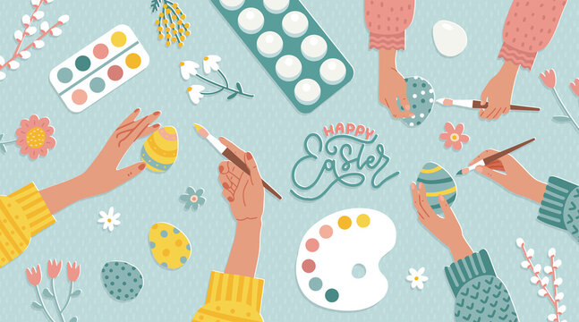 Happy Easter concept with hands holding and painting traditional eggs. Ad for workshop, handmade gifts, craft master class. Table top view with family preparing for Easter. Flat vector illustration.