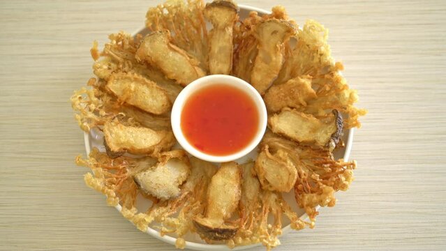 deep fried Enoki mushroom and King Oyster mushroom with spicy dipping sauce - vegan food style