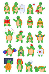 Cute turtle cartoon character in different poses sticker set. Collection of funny friendly comic tortoise mascot vector illustrations isolated on white background. Emotions, animals concept