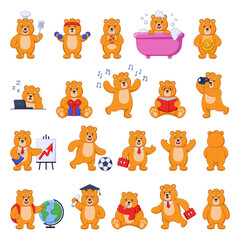 Obraz premium Funny bear cartoon character in different poses sticker set. Cute drawings with friendly orange forest animal, mascot vector illustrations isolated on white background. Wildlife, emotions concept