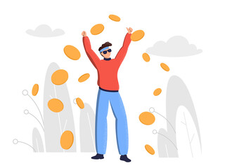 Happy man in the rain of coins. The concept of profit, win, luck. Cryptocurrency mining, exchange rate, farm mining, finance, blockchain. Flat vector illustration.