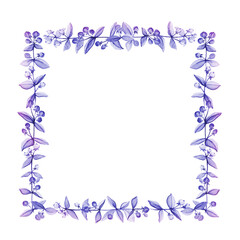 Square frame made of twigs of a plant - Hupericum, painted in watercolor. Toned drawing of plants, isolated on white background, copy space. Simple floral background.