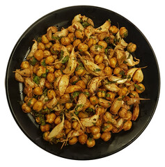Chana or chickpea Garlic Fry an Indian Starter spicy and tasty served on black plate