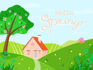 Naklejka premium Hello spring. Spring landscape with tree, flowers, house. Seasonal countryside landscape. Vector illustration in flat style