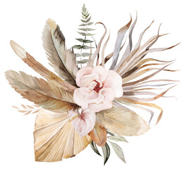 Fototapeta na wymiar Watercolor Bohemian bouquet with feathers, dried leaves and tropical flowers illustration