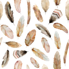 Watercolor seamless pattern made of brown and beige feathers, Bohemian element illustration isolated
