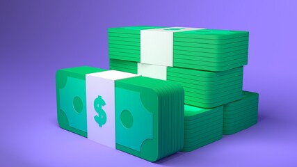 Naklejka premium 3D render illustration of bundle of money, banknote on purple background, business investment profit, money saving concept. 3D illustration 