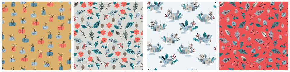 Seamless patterns set with snowy houses, fir tree branches, frozen leaves, berries on gray-blue background. Winter holiday, nature concept