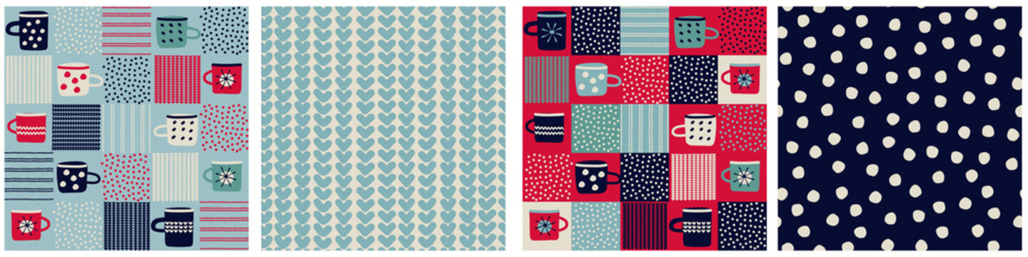 Seamless patterns set, patchwork with hand drawn cups, polka dot, waves in rustic Scandinavian hygge style for surface design and other design projects