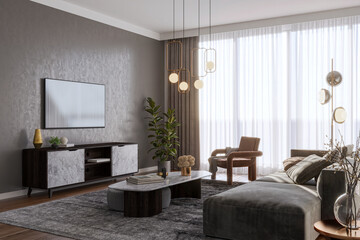 Illustration 3D rendering large luxury modern bright interiors Living room mockup computer digitally generated image