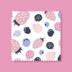 Funny Kawaii Raspberry, Blackberry , raspberry and strawberry seamless vector pattern. Healthy food repeating pink background illustration. Children menu decoration, t-shirt print, card.