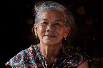 Portrait Asian oldest grandmother with grey haired lady looking at camera posing happing smile in retirement concept.