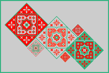 Morocco tiles background textures. Decorative colored ceramic tile. Colorful design. Set of seamless vector patterns. Red folk ethnic ornaments for print, web background, surface texture, towels…