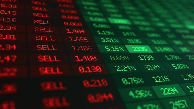 Stock market exchange information with data of price change and volume. Financial indexes of companies change up and down on ticker board. Trading risk and finance investment concept.