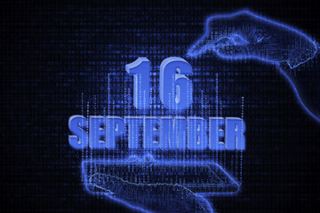 September 16th. A hand holding a phone with a calendar date on a futuristic neon blue background. Day 16 of month.