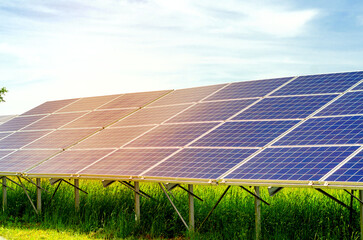 Solar panels in the field. Solar energy. Alternative source of electricity.
