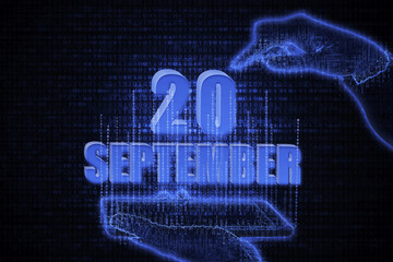 September 20th. A hand holding a phone with a calendar date on a futuristic neon blue background. Day 20 of month.