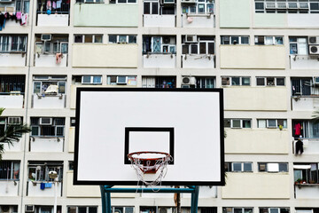 Basketball hoop in front of apartment