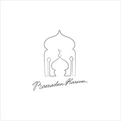 Obraz premium Ramadan inscription, islamic design mosque silhouette, continuous line drawing, print for clothes and logo design, emblem or logo design, isolated vector illustration.