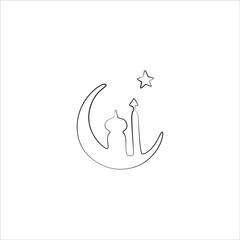 Ramadan Kareem islamic design crescent moon and mosque dome silhouette, continuous line drawing, small tattoo, print for clothes and logo design, emblem or logo design, isolated vector illustration.