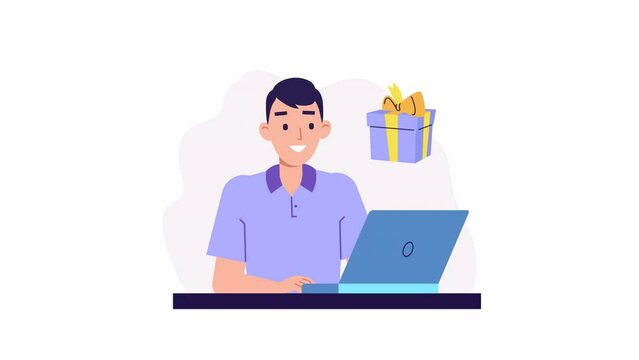 male character works on laptop and present box pops up. 2d flat animation. Gift give away, Mobile Marketing, earning prizes, bonus or rewards from store. online present or gift