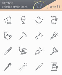 Set of vector line icons of kitchen utensils, cooking tools