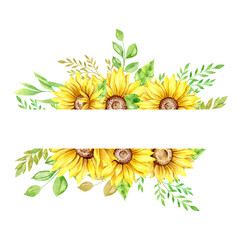 Watercolor Sunflower Frame, Floral Frame on white background, Botanical Illustration. Floral frame with sunflowers watercolor. Rustic Frame Watercolor