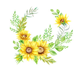 Watercolor Sunflower Frame, Floral Frame on white background, Botanical Illustration. Floral frame with sunflowers watercolor. Rustic Frame Watercolor