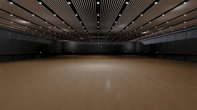 Motion Empty convention hall center .The backdrop for exhibition stands,booth elements. Meeting room for the conference.Big Arena for Entertainment,concert,event.museum.Dolly zoom 4k.3d render.	