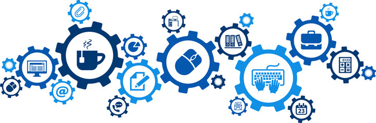 Office vector illustration. Blue concept with icons related to workplace / workspace, office space, corporate office interior, occupation of working in a business, desk job.