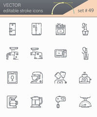Set of vector line icons of kitchen utensils, cooking tools and equipment