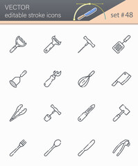 Set of vector line icons of kitchen utensils, cooking tools and equipment isolated