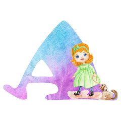 Alphabet with blue watercolor fill and with cute children 's toys .The set is suitable for greeting cards, invitations, for design works,crafts and hobbies.