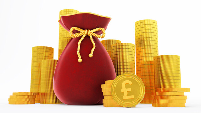 3D render of golden coins stack and red money bag, Money concept. red money bag,
