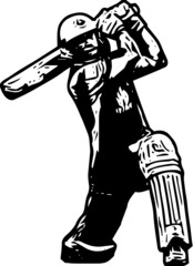 Outline sketch drawing of slog shot of batsman in t 20 cricket match, line art illustration silhouette of cricket batsman shot