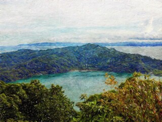 Watercolor and pastel drawing nature landscape, tropical travel and touristic place, Seychelles island vacation, trend print for poster, textile or canvas. Modern fine arts design wallpaper. Wall art